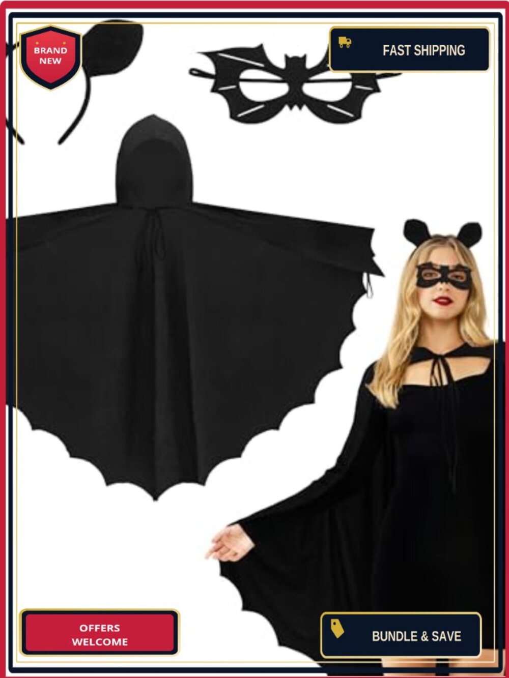 Bat Wings Cloak Cape Hood Mask Ears Headband Halloween Costume